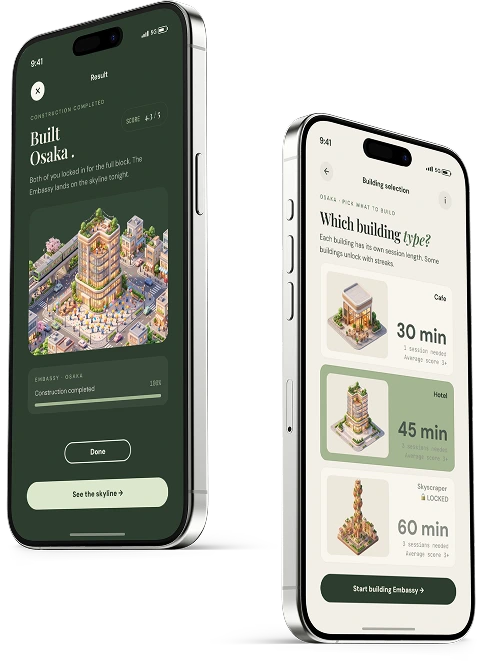 FocusMate app — result and building selection screens